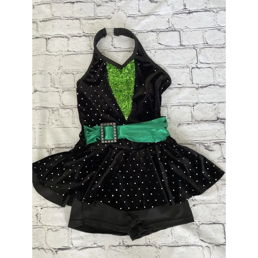 Curtain Call Girl Shiny Sequin Performance Costume Leotard Dress Black‎ Size CME